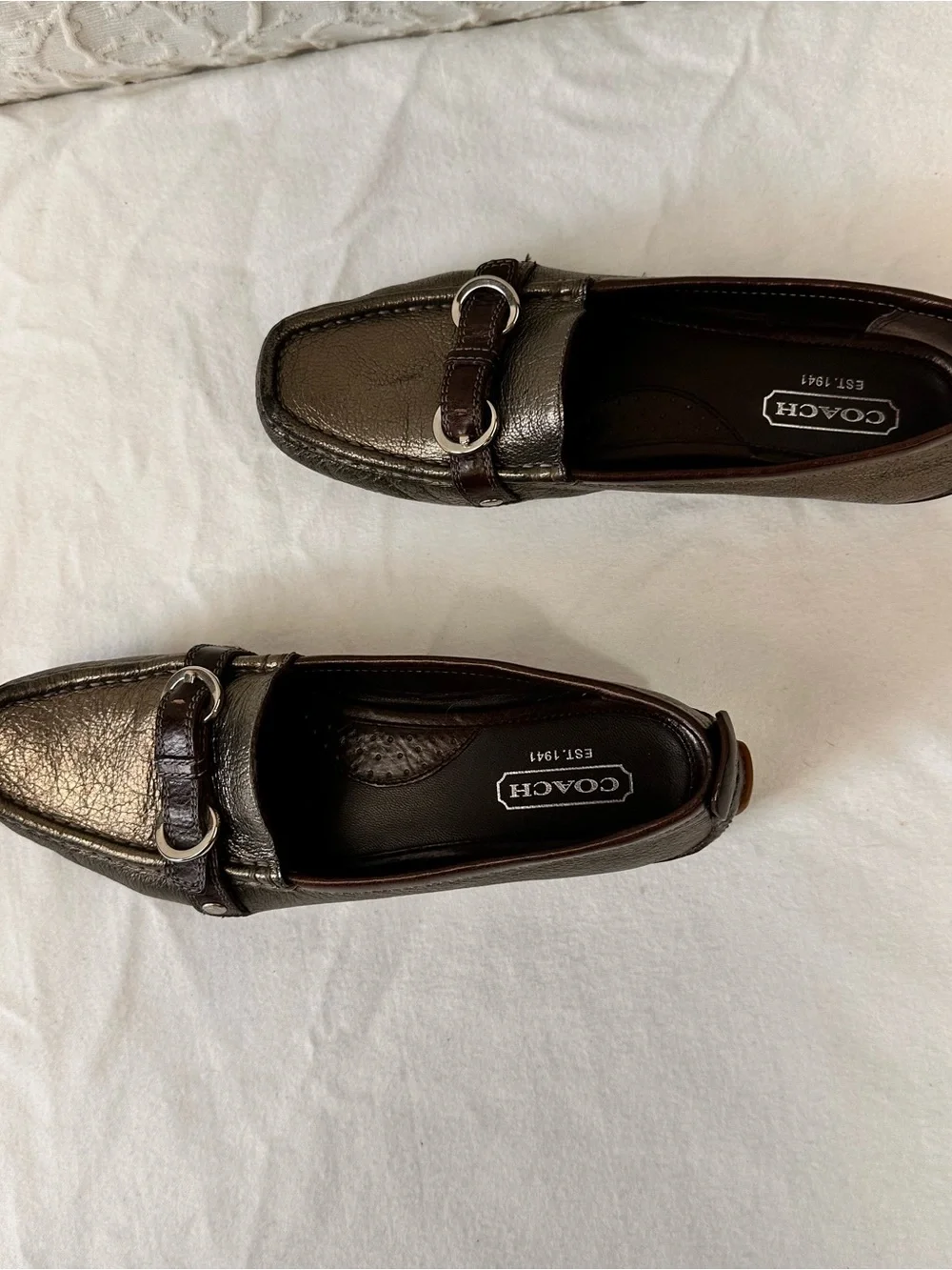 Coach Metallic Gray Leather Bit Loafers - Women's